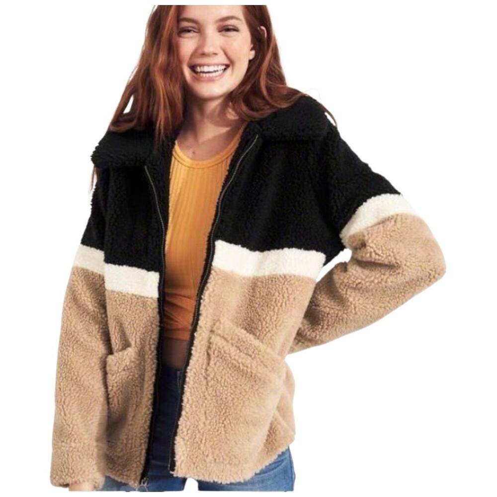 NWT Hollister Oversized Women Faux Shearling Tan Cream Black Teddy Jacket  XS/S